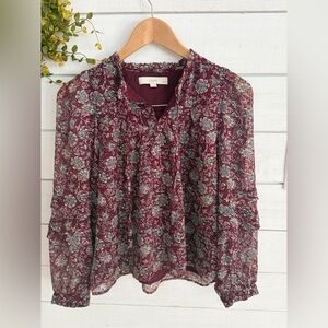 LOFT Burgundy Floral Ruffle-Trim Blouse lightweight boho office floral